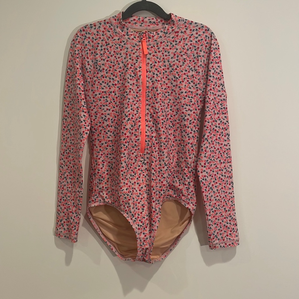 Crewcuts brand, pink cherry print long sleeved swimsuit, girls size 12.